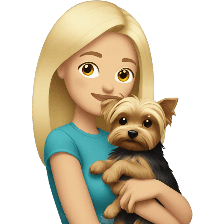 Blonde woman cuddling with Yorkie emoji