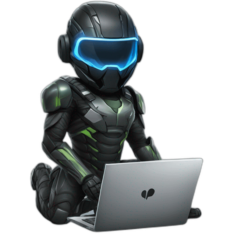 Boy developer behind his laptop with this style : Crytek Crysis Video game with nanosuit character hacker themed character emoji