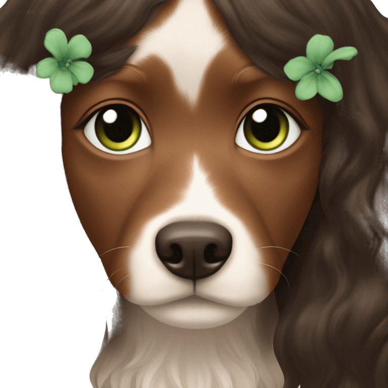 pale skin girl with green eyes with long dark brown hair that has a flower in her hair  holding a black and brown cavalier dog the dog also has a flower in its hair emoji