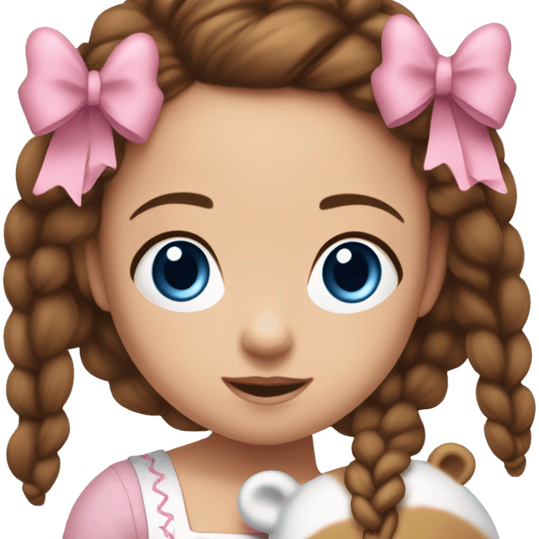 Little Girl with White skin, blue eyes. Long brown hair with two braids and two pink bows in it. She is wearing a pink and White dress, standing and holding on to a teddybear. emoji