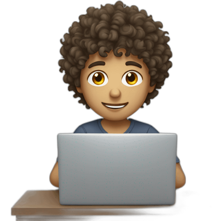 messy curly haired boy working on a laptop emoji