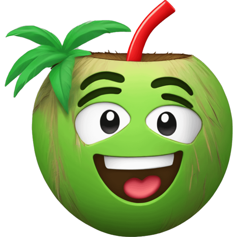 "Create a fun emoji of a green coconut with a red straw on top. The coconut is wearing a yellow t-shirt and making a 'C' gesture with one hand and a 'thumbs up' with the other. The character should appear cheerful and inviting." emoji