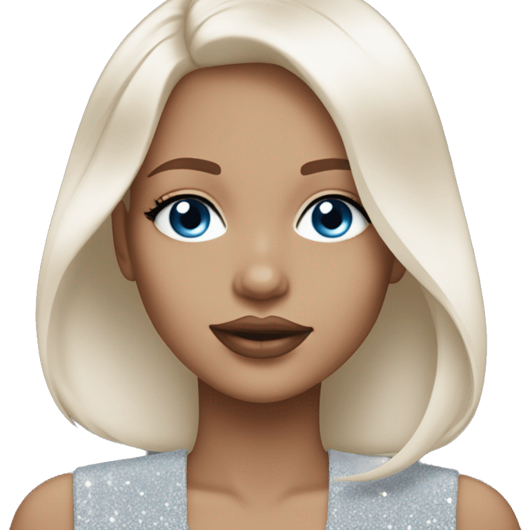 Girl medium length white straight hair, blue eyes, light pink beige glittery lips emoji