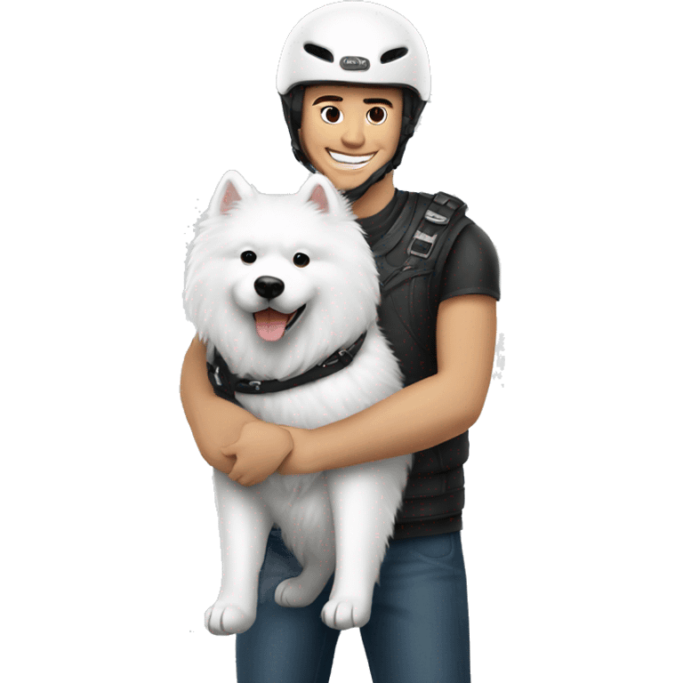 helmet biker hugging a white Samoyed emoji