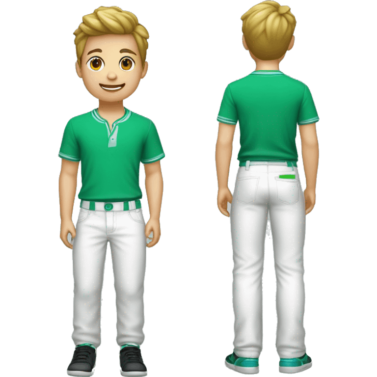 Niño caritaturesco de piel Blanca con camisa verde,pantalones negros y tenis azules diciendo hola emoji