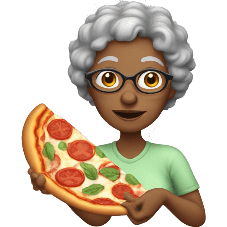 Elderly black woman with gray curly hair eating pizza emoji