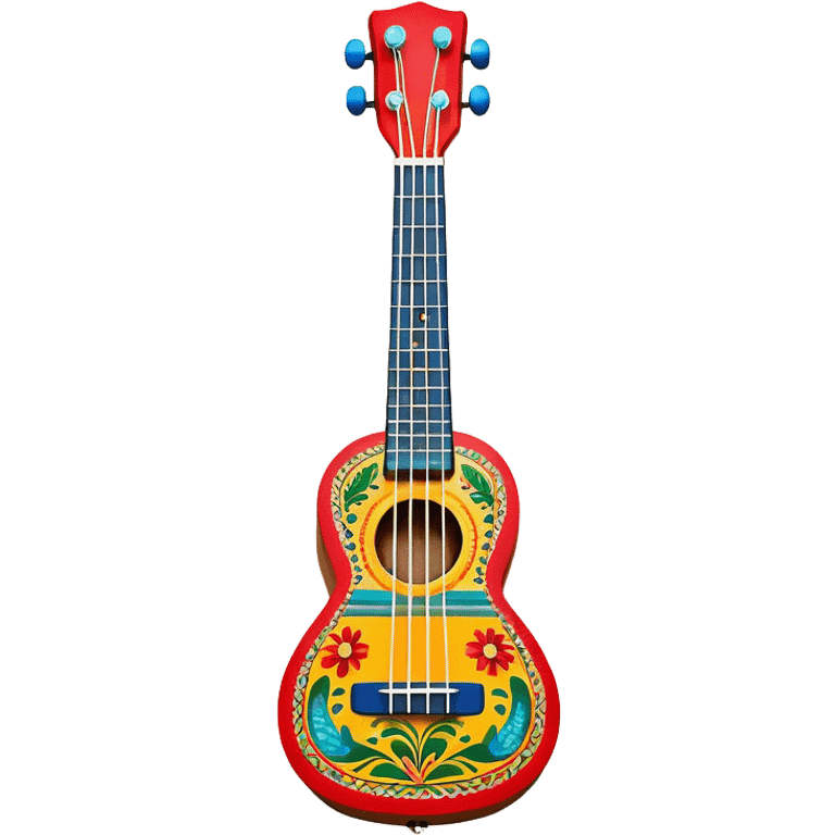 Create a vibrant and artistic emoji representing a ukulele with a Mexican design. The ukulele should feature a bright, colorful body with traditional Mexican patterns, such as geometric shapes, floral motifs, or colorful stripes. Use rich, warm tones like red, yellow, green, and blue to give the instrument a lively, festive look. Highlight the wood grain of the ukulele’s neck and fingerboard, and add subtle details like decorative inlays or a small Mexican flag symbol on the body. The strings should be clearly visible, and the instrument should be in a slightly angled position to showcase its unique design. The background should be transparent. emoji