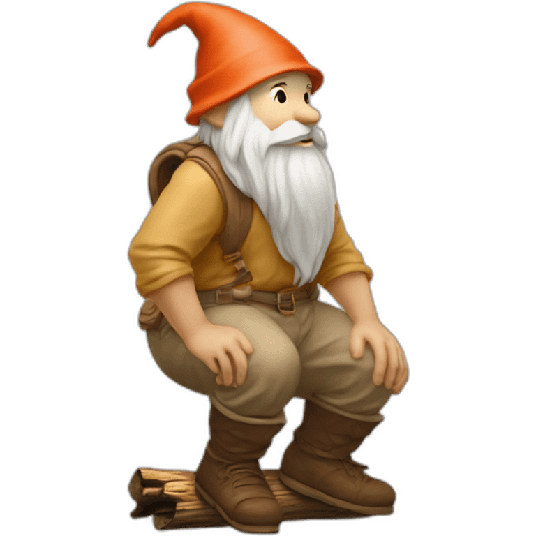 side view of gnome with light tan pants squatting above tiny brown log emoji