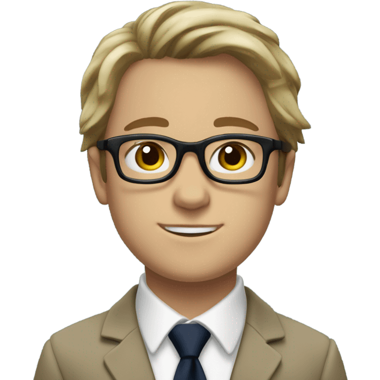 WHITE boy. Hair: Messy, medium-length brown hair covering the ears and forehead. Outfit: A formal school uniform featuring a white shirt with an open collar, a green striped tie, a navy sweater underneath, and a beige blazer on top. Black glasses emoji