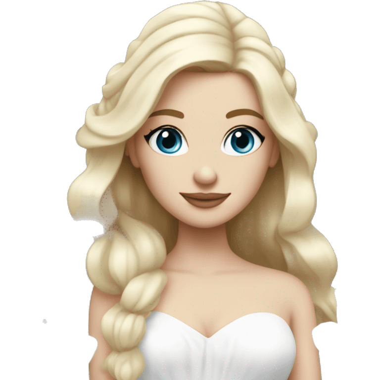 White bride with long light blonde hair and blue eyes with light pink peonies in hair white skin  emoji