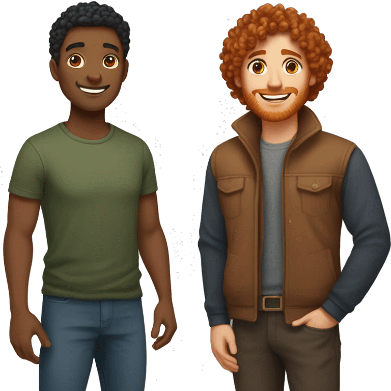 Create an emoji of a couple: a woman with curly log red hair and brown eyes, and a man with short straight black hair and light brown skin. Both should be smiling warmly and standing close together, embracing each other affectionately emoji