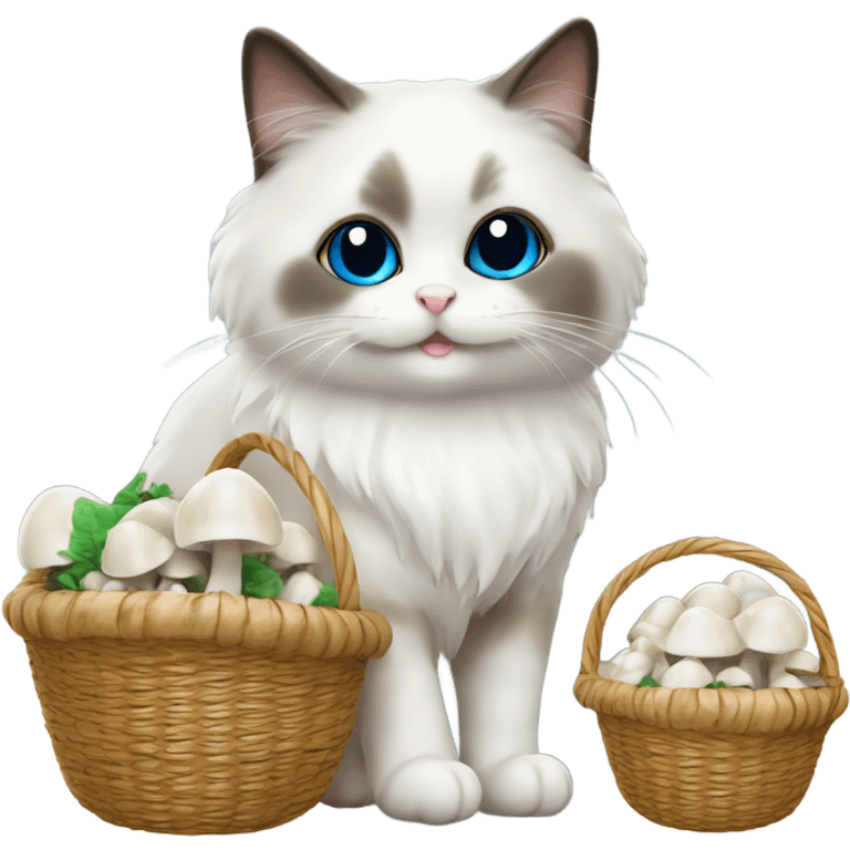 Ragdoll cat carrying a basket of white mushrooms  emoji