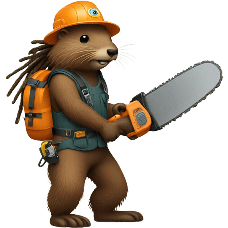 Beaver with dreadlocks in climbing gear with a chainsaw  emoji