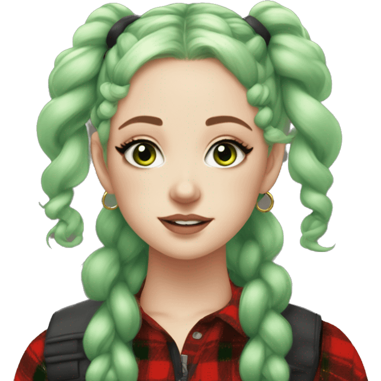  Pale girl, blue eyes, green hair, space buns hairstyle, wearing a red flannel, gold hoop earrings, thick wing eyeliner emoji