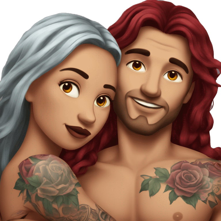 Beautiful tattooed burgundy long haired woman laying on the boyfriends chest emoji