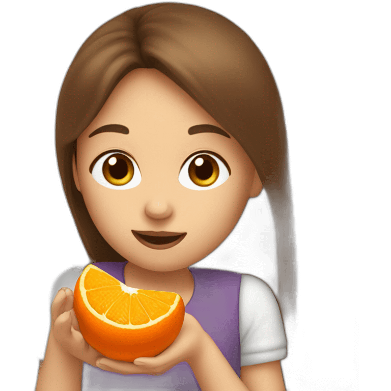 A girl with very long brown hair eating a tangerine emoji