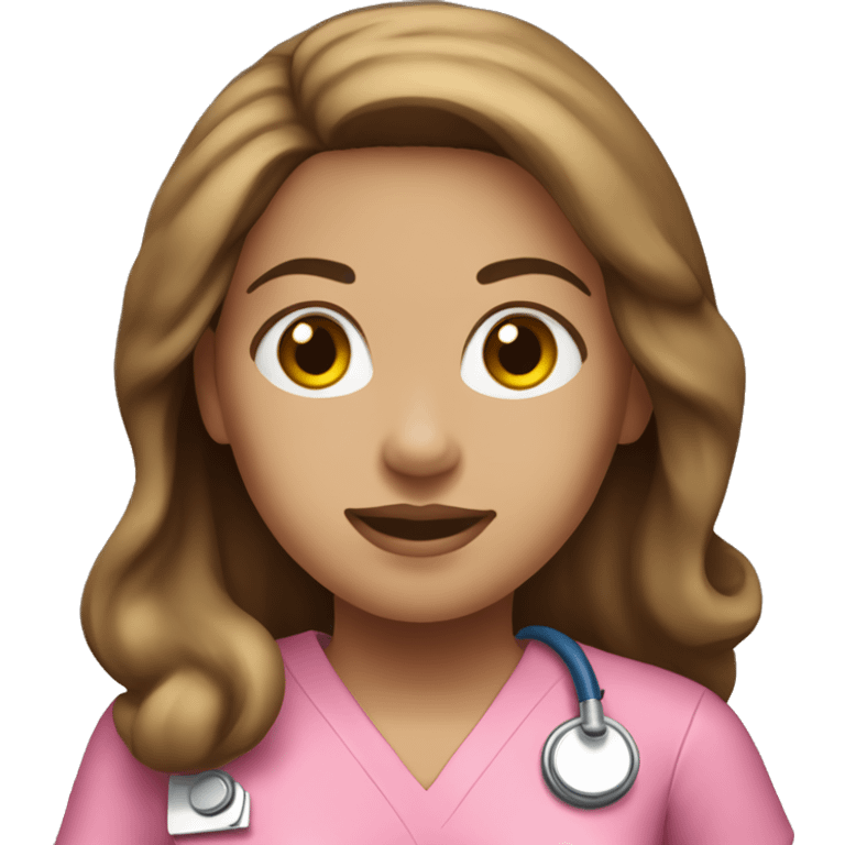 Light skinned female nurse with long brown hair and pink scrub top  emoji