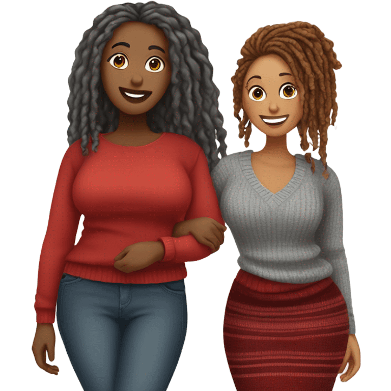 1st Curvy woman gray locs wearing pants , 2nd curvy woman is brown with red locs in a knee-length dress with a cozy sweater shopping emoji