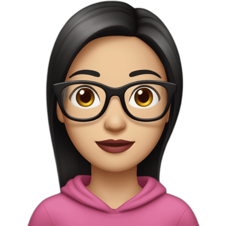 35-year-old woman, white complexion, long black straight hair, pink glasses, brown eyes, pink lips, profiled face. emoji