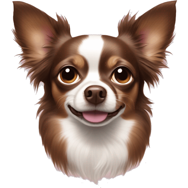 dark brown longhaired chihuahua with a white dot on forehead and brown nose with a pink spot on the left emoji