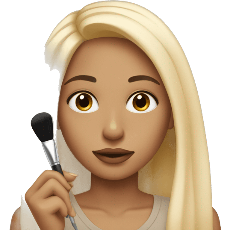 Girl with straight blonde hair brown eyes doing makeup emoji