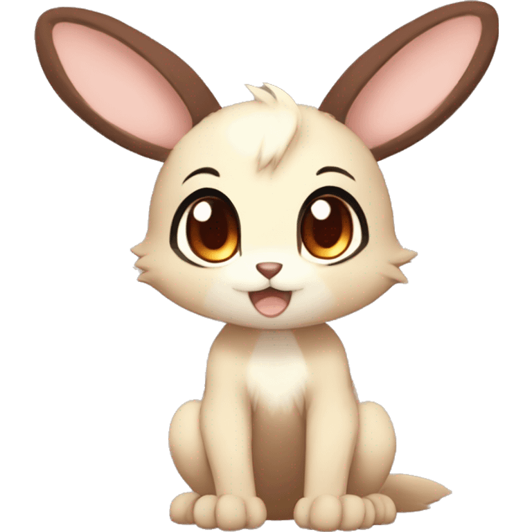 Cute, Chibi, Kemono-style, Anthro, Fur-Sona, Dark-Brown, Normal-type-Ground-type Tan-Rabbit-Fakémon with Dark-Red eyes, beige belly, beige paws, beige feet, beige freckles, full body emoji