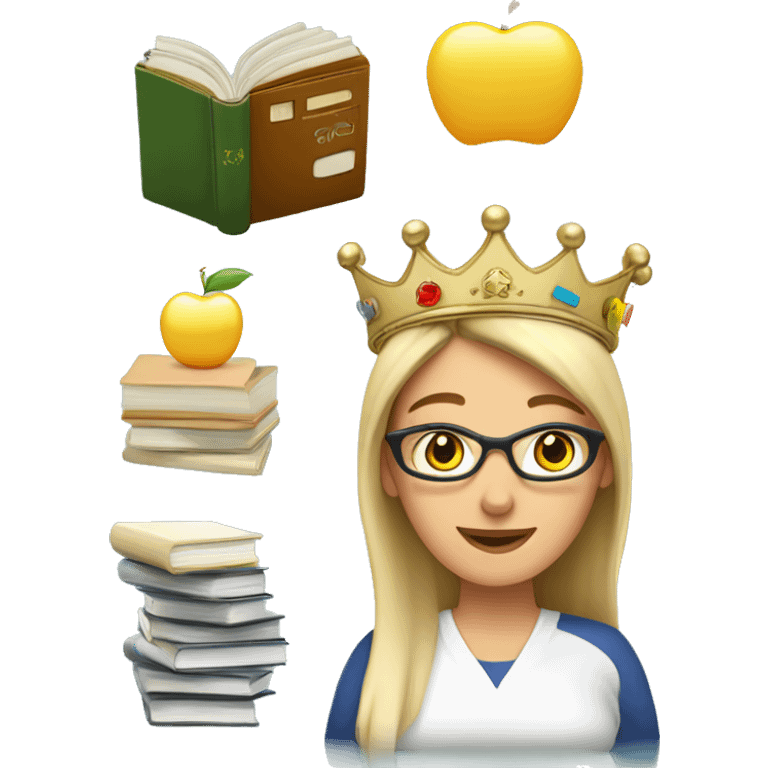 can you generate a relaxed female teacher who is on the top wearing a crown, enjoying the best life, surrounded by books and having a busy schedule, money and blog emoji