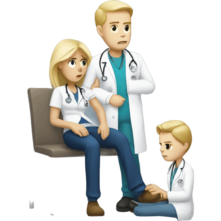 Scared white male patient with a blonde female doctor examining his foot emoji