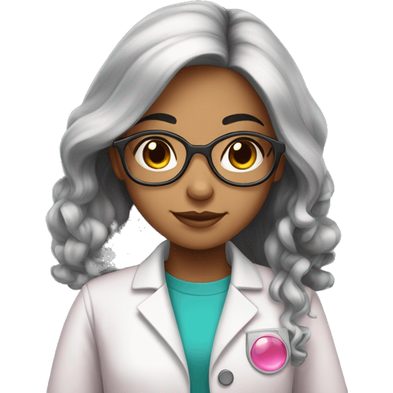 Young Girly scientist with long black hair and medium skin tone with pink accents emoji