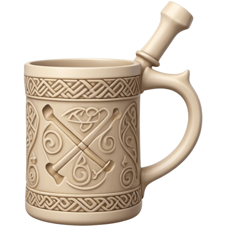 Scandinavian carving icon, bone mug or vase with intricate Norse patterns, chisels and carving tools nearby, minimalistic style, clean lines, transparent background. emoji