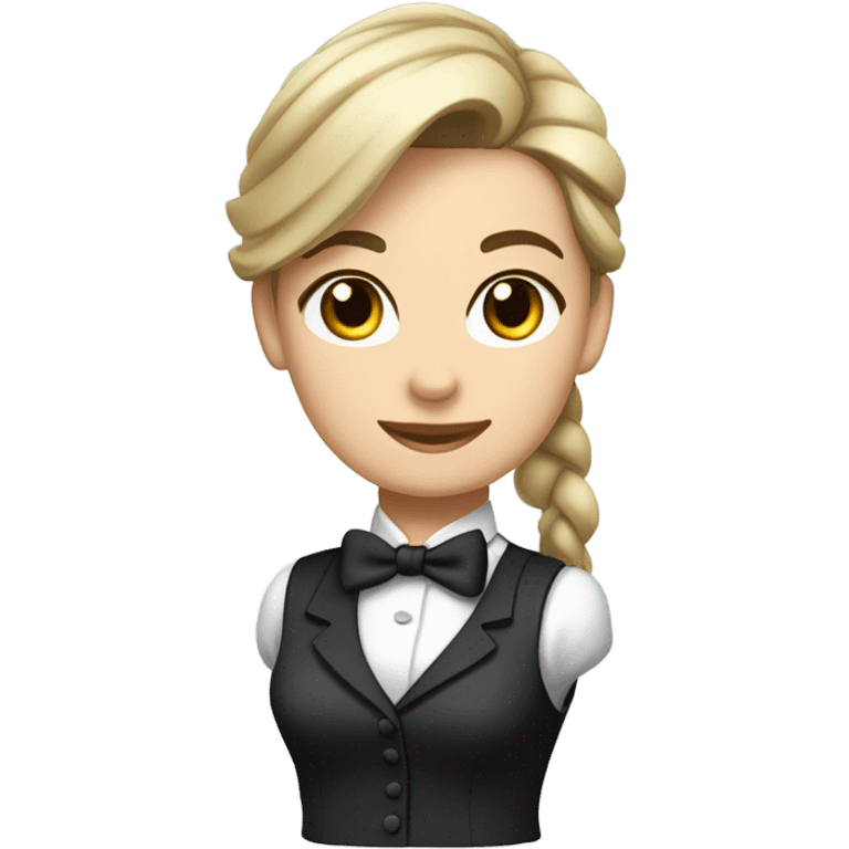 a caucasian female butler with a professional and elegant demeanor. She has her hair neatly tied in a ponytail and wears a classic butler uniform, including a tailored vest, crisp white shirt, and bow tie. emoji