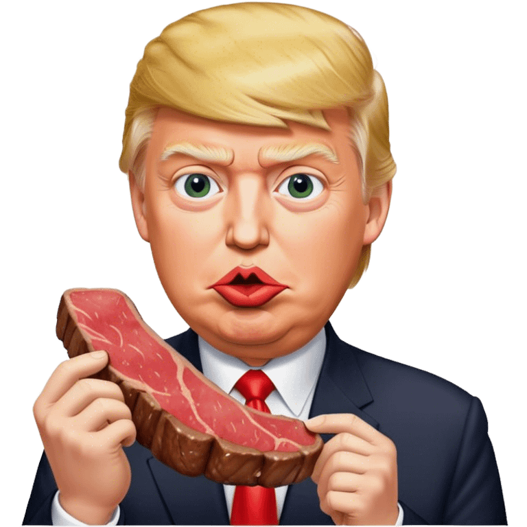 photorealistic Donald Trump eating a steak shaped like an piece of land emoji