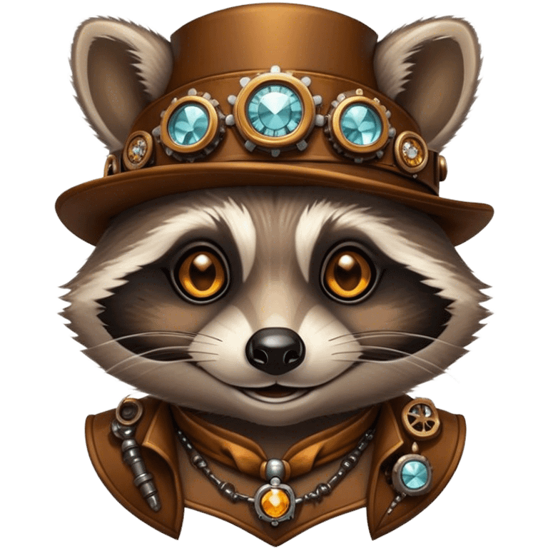 Steampunk style illustration depicting a happy raccoon with tanned skin, adorned with amber and diamonds emoji