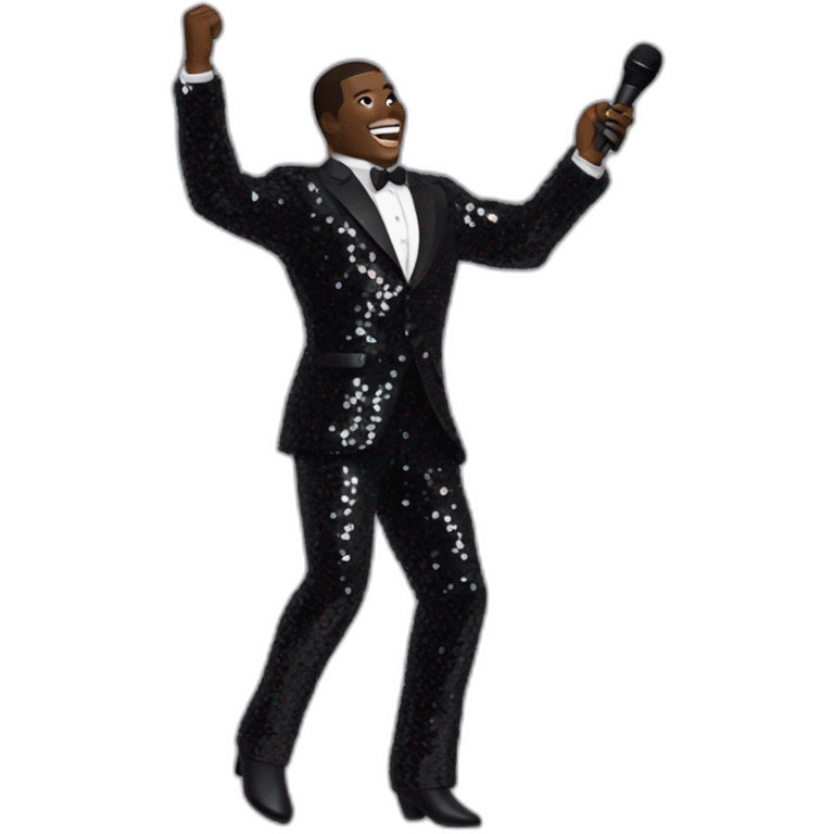 sam richardson in a black sequin suit holding a microphone singing full body dancing emoji