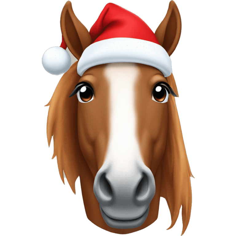 Chestnut horse with white blaze wearing a santa hat emoji