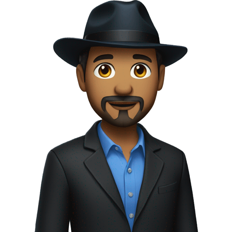 Man in blue button down shirt, goatee, black blazer, black fedora emoji