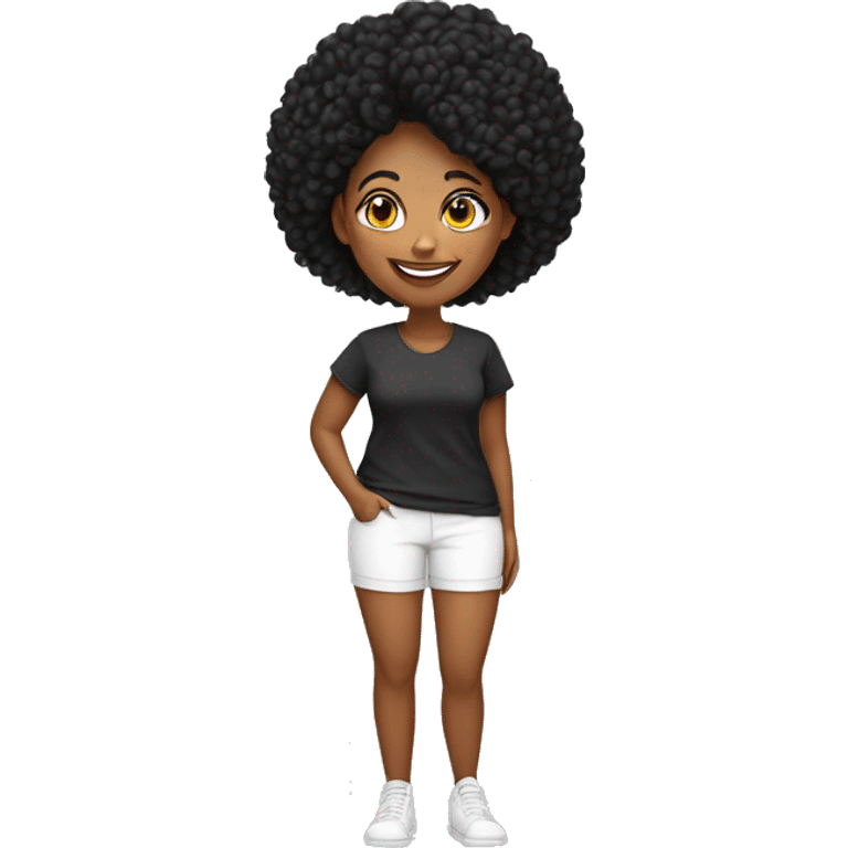 mulher, 54 anos, fath, feliz, cabelo liso preto, na altura do ombro, olhos castanhos, vestindo calça leg e camiseta  preta emoji