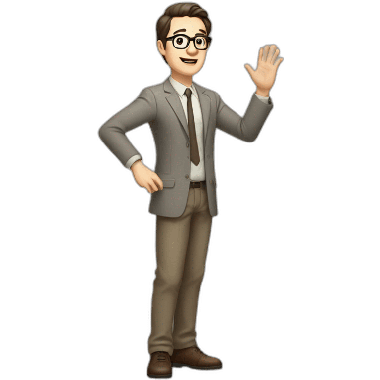 Full height Actively gesturing with hands Pale skinned fit man with dark brown hair in gray jacket, beige office shirt, brown tie, brown pants and vintage glasses. emoji