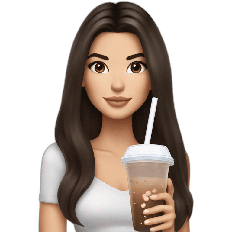 brunette Kendall Jenner with long hair holding bubble tea emoji