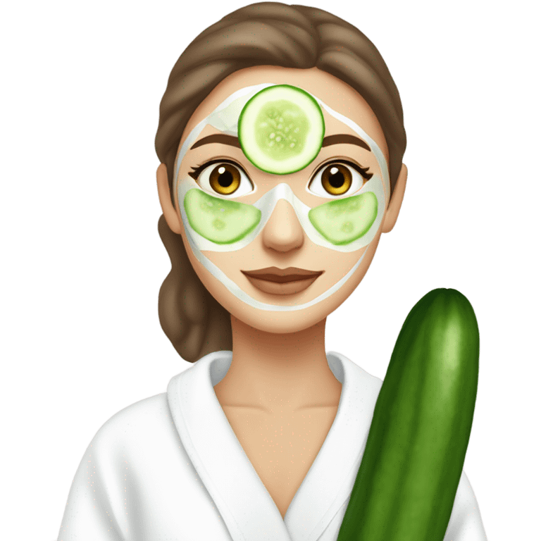 White girl with Brown hair and blue eyes wears a Green colored skincare clay textured mask and puts on cucumbers around her eyes while She relaxes in her white Robe emoji