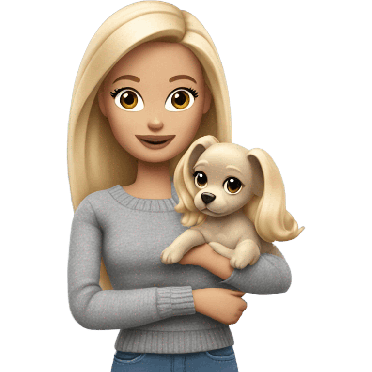 Blonde Barbie wearing gray sweater, holding Grogu emoji