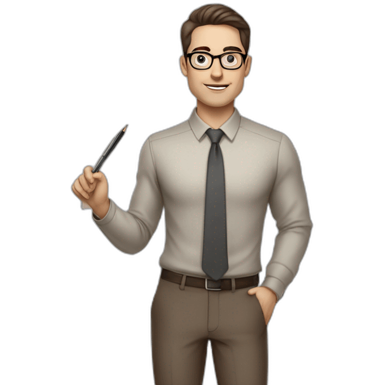 Pale skinned fit man with dark brown hair in gray jacket, beige office shirt, brown tie, brown pants and vintage glasses Writing on the flipchart emoji