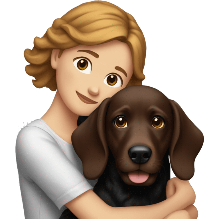 White girl with brown hair hugging a black wiener dog and a red golden retriever emoji