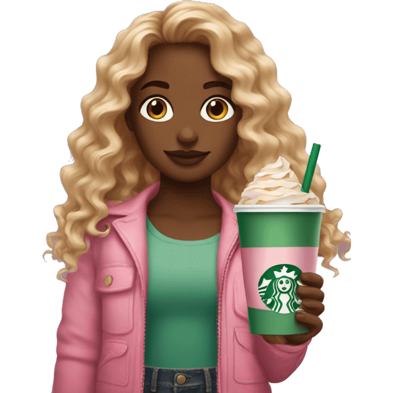 girl with brown and blonde ombré long curly hair holding Pink starbucks refresher emoji