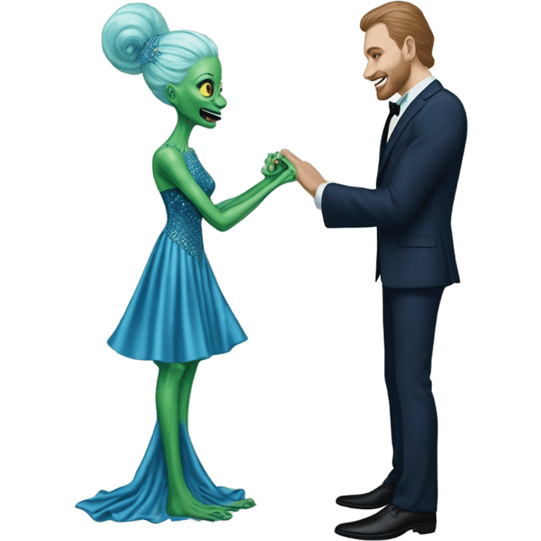 alien reptilian green skin woman, in long slim pastel blue formal party satin dress with gradient shiny sparkling navy blue diamonds embroidered , and caucasian man in black dres on his knees asks her to marry her emoji