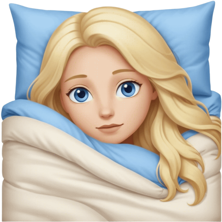 Cinematic realistic blonde with long hair, blue eyes and delicate features, lying in a cozy, soft bed, covered with a duvet emoji