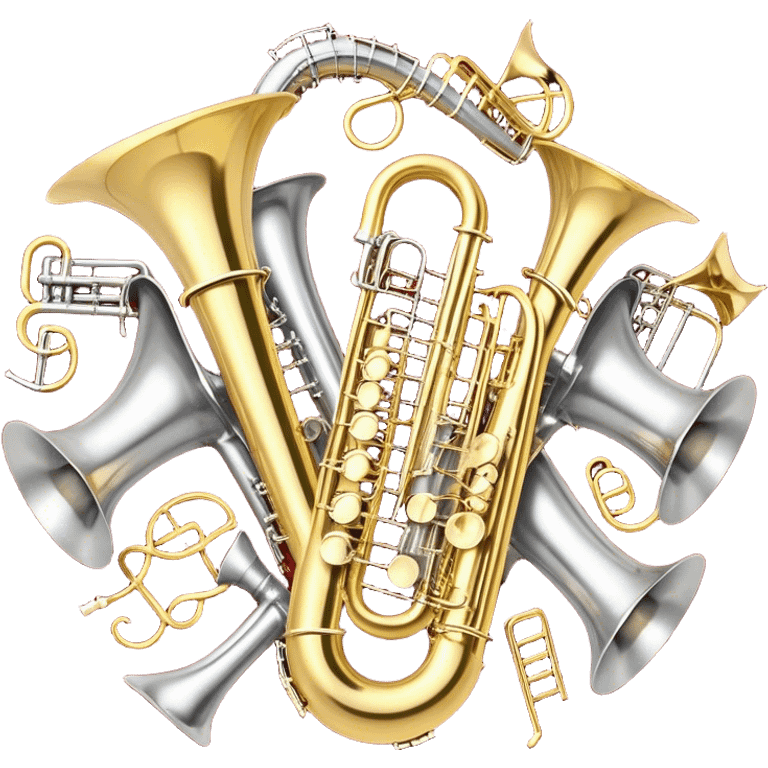 Create a festive and elegant emoji collage featuring a bouquet or fan of bells of wind instrument  (trumpets, saxophones, trombones, tubes, etc.) arranged in a radiant, symmetrical pattern. The instruments should have polished, golden and silver finishes, with their large, shiny bells forming a beautiful, fan-like display. Include a flowing ribbon of musical notes swirling through the center, conveying movement and melody. The background should feature a deep red velvet texture, adding a touch of luxury and sophistication. The overall composition should be balanced, with an elegant and regal feel, with a transparent background to keep focus on the instruments and musical elements. emoji