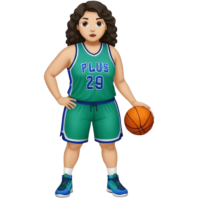 full body plus size light skin latino women basketball player with wavy dark hair large wide nose wearing blue with green uniform emoji