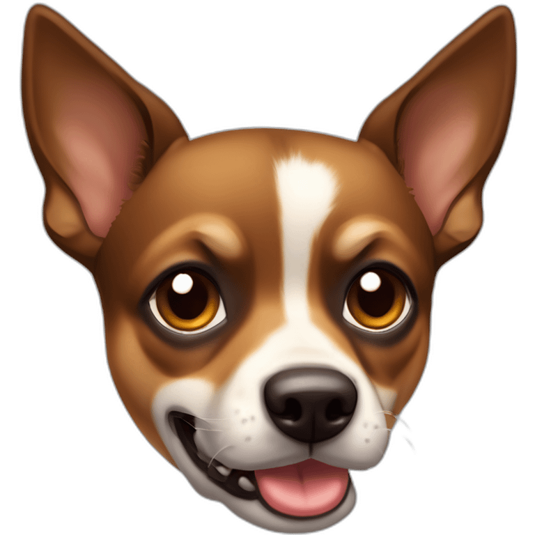 black brown mutt dog with small german shephard head but larger chihuahua eyes and large overbite with left upper sharp canine tooth a bit crooked and sticking out mouth emoji