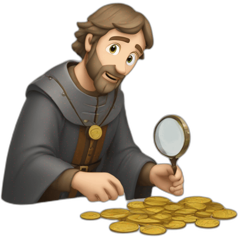 medieval coin collector, looking at a coin with a magnifying lense emoji